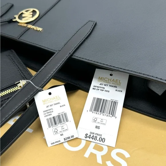 Michael Kors MD Zip Top Tote Bag Large Trifold Wallet Black